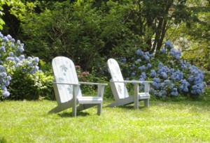 Chanticleer-blue Adirondack chairs and hydrangeas in July