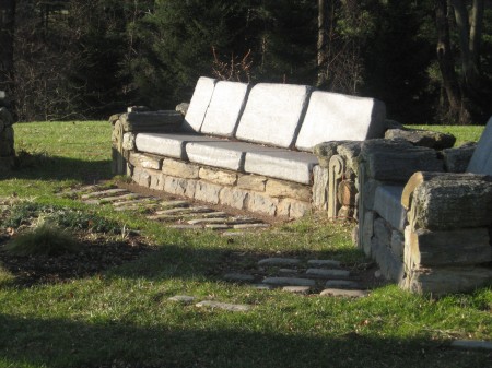 Chanticleer - stone seating area beyond The Ruin Garden